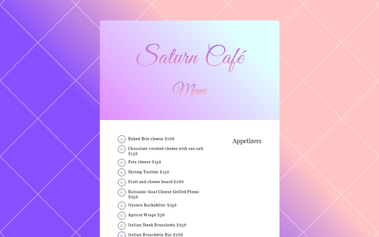 Saturn Café Menu